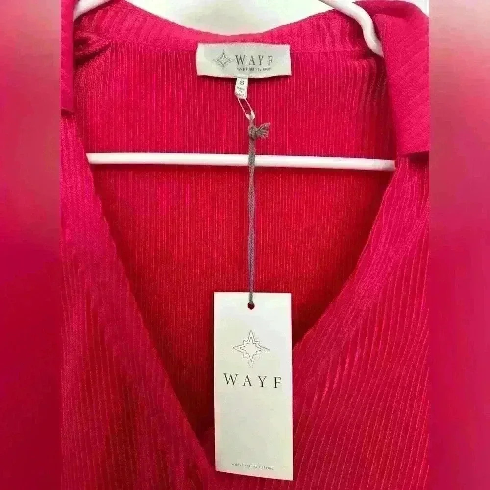WAYF Button Front Ribbed Plisse Long Sleeve Button Down Too in Hot Pink Size S - Picture 3 of 5
